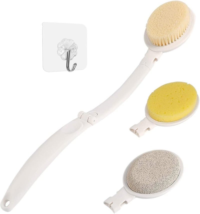 LFJ 19" Long Handle Shower Sponge Brush Set, 3 in 1 Body Brush, Bath Sponge and Lotion Applicator Improved Skin Health, Suitable for Men and Women (White Brush with pumice-1P) - Image 1
